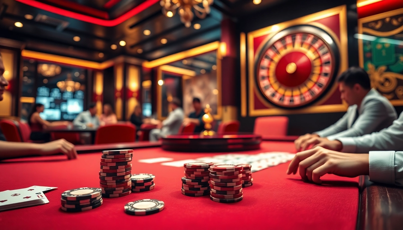 A thrilling scene showcasing nhà cái dn88 with casino tables, poker chips, and vibrant gamblers, capturing the excitement of online gambling.