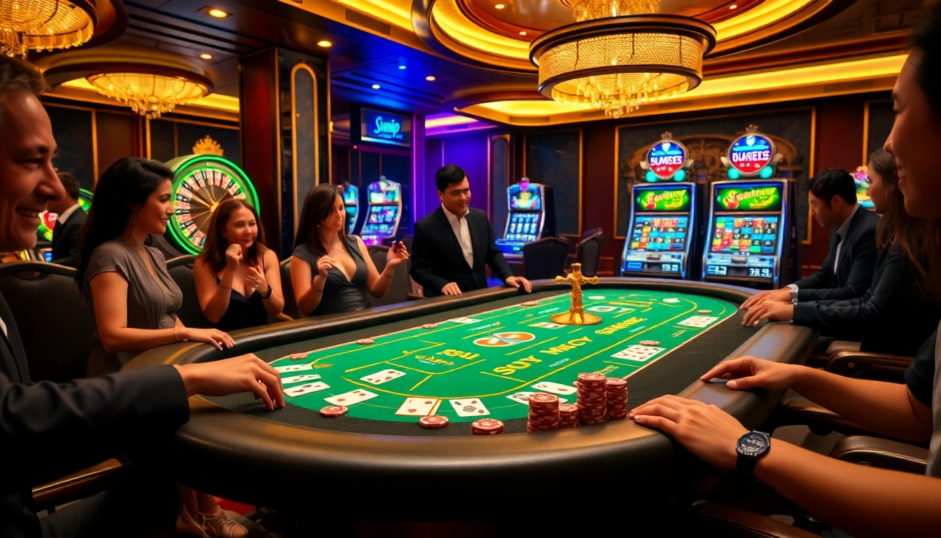 Sumvip gaming table with vibrant chips and cards, showcasing an exciting casino atmosphere.