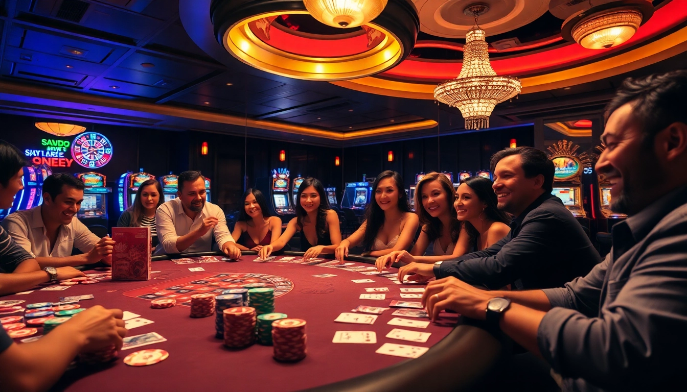 SODO66 casino scene featuring excited players at poker and roulette tables with vibrant decor.