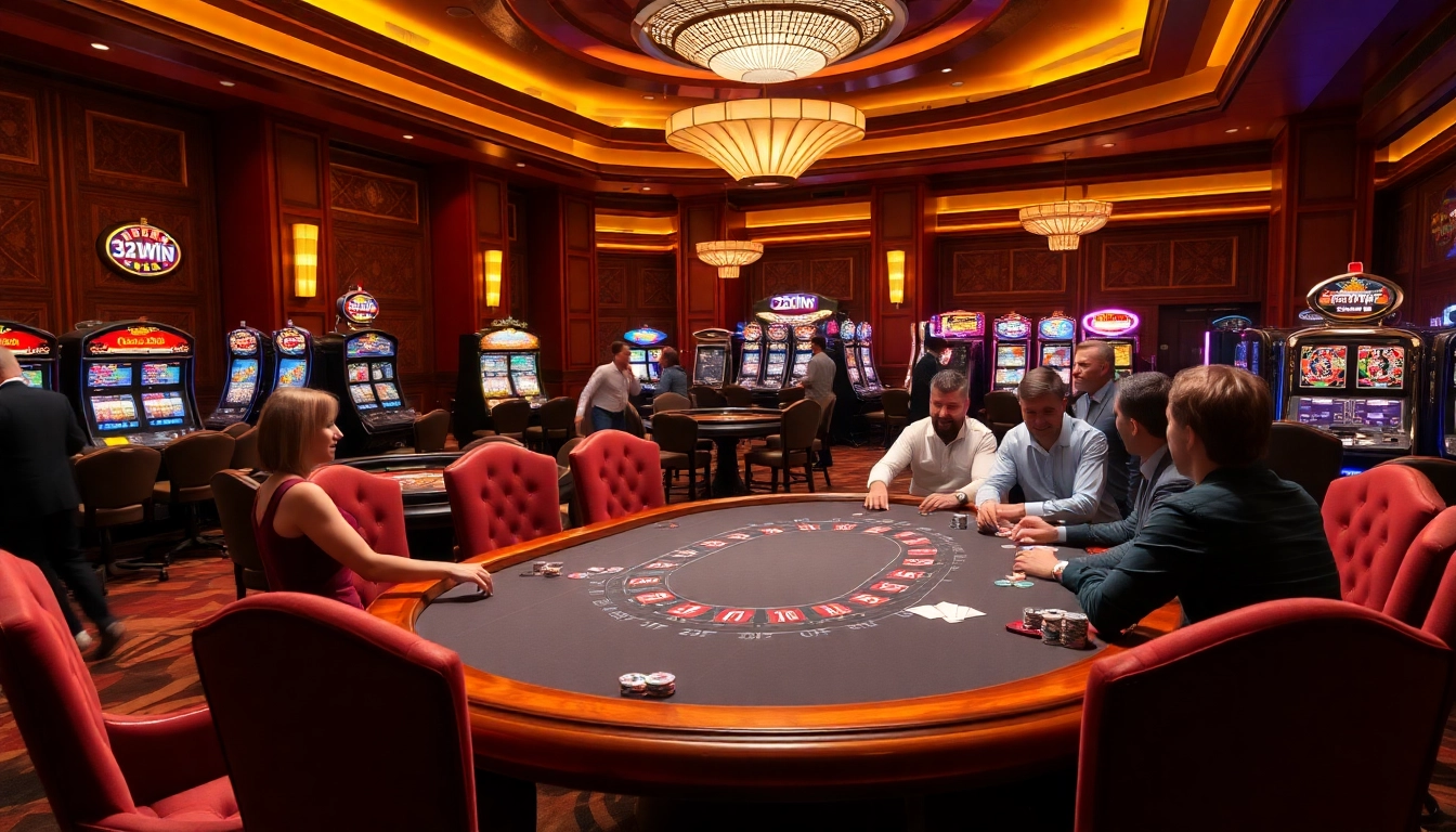 Players enjoying a thrilling game at 32Win's luxurious casino table with vibrant gaming elements.