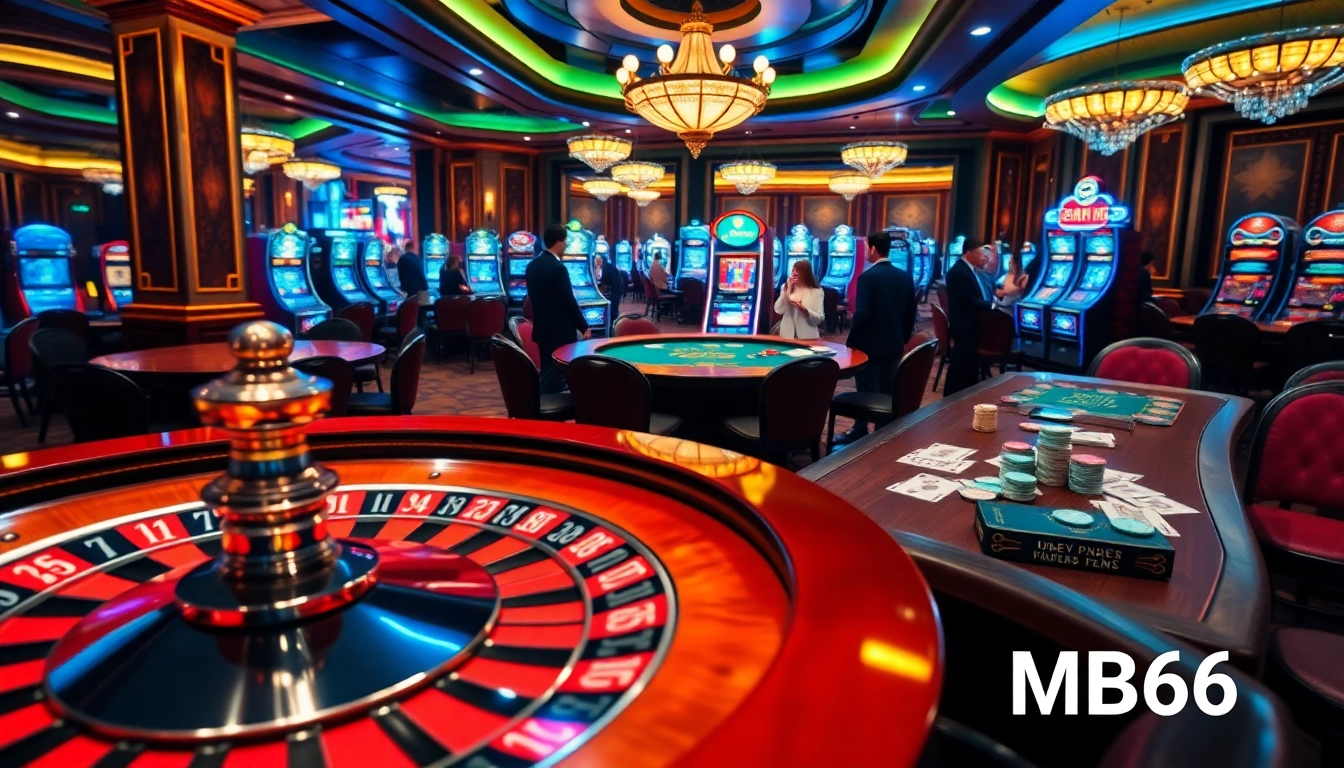 Experience the thrill of betting with MB66 at a luxurious casino, featuring roulette and poker tables.
