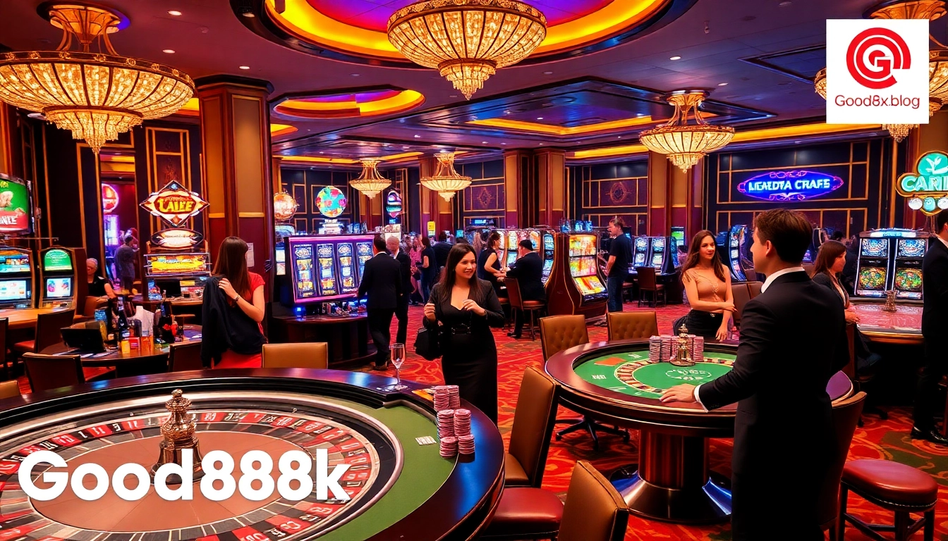 Experience the thrill of winning at good88k.blog with vibrant casino tables and excited players.