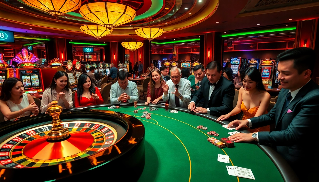Experience the thrill of siu88 in a vibrant casino, showcasing diverse gamblers at dynamic gaming tables.