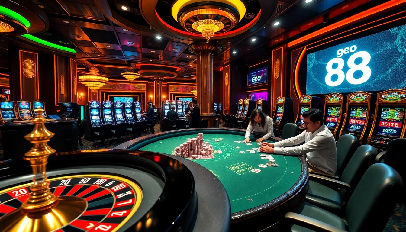 Experience the thrill of go 88 with players at a vibrant casino table, high stakes, and excitement.