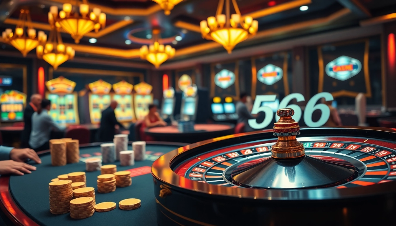 Players celebrating a big win at 566, surrounded by vibrant casino games.