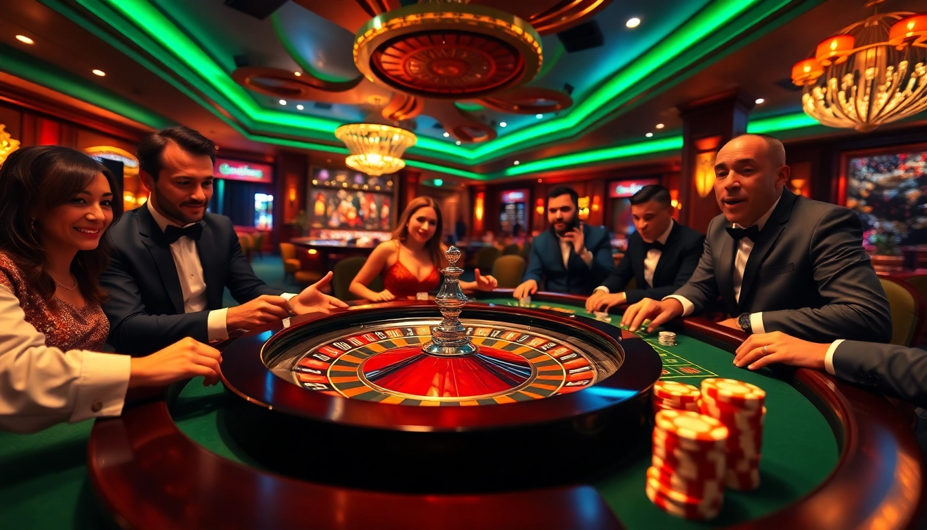 Players engage in thrilling casino games at BL555, showcasing a bustling gaming table with vibrant poker chips.