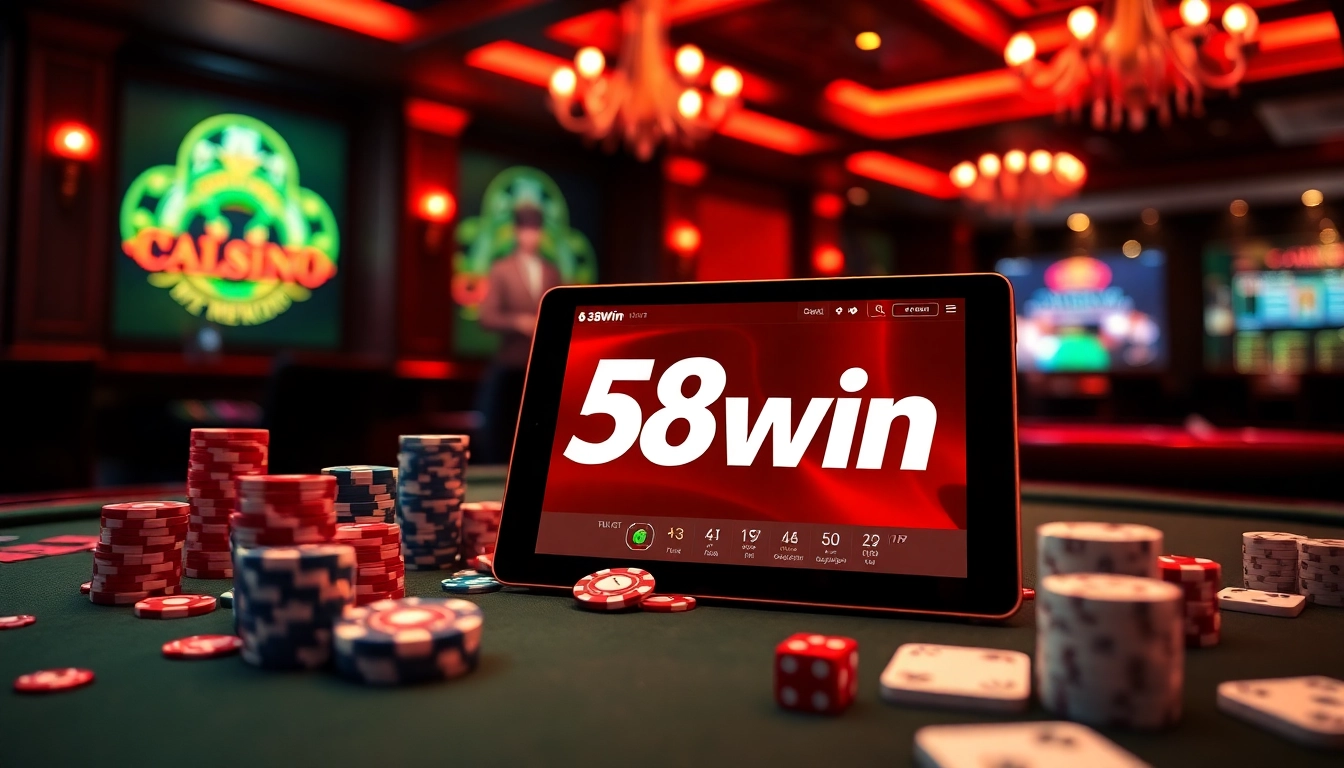 Experience high-stakes excitement at 58win's vibrant casino table with colorful chips and cards.