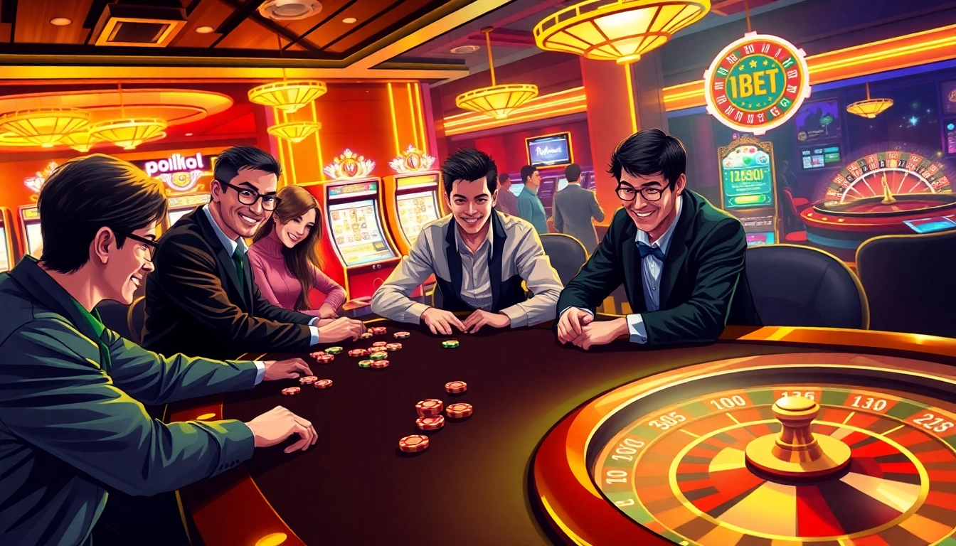 Players at a poker table in a thrilling casino scene showcasing the excitement of THA BET gaming.