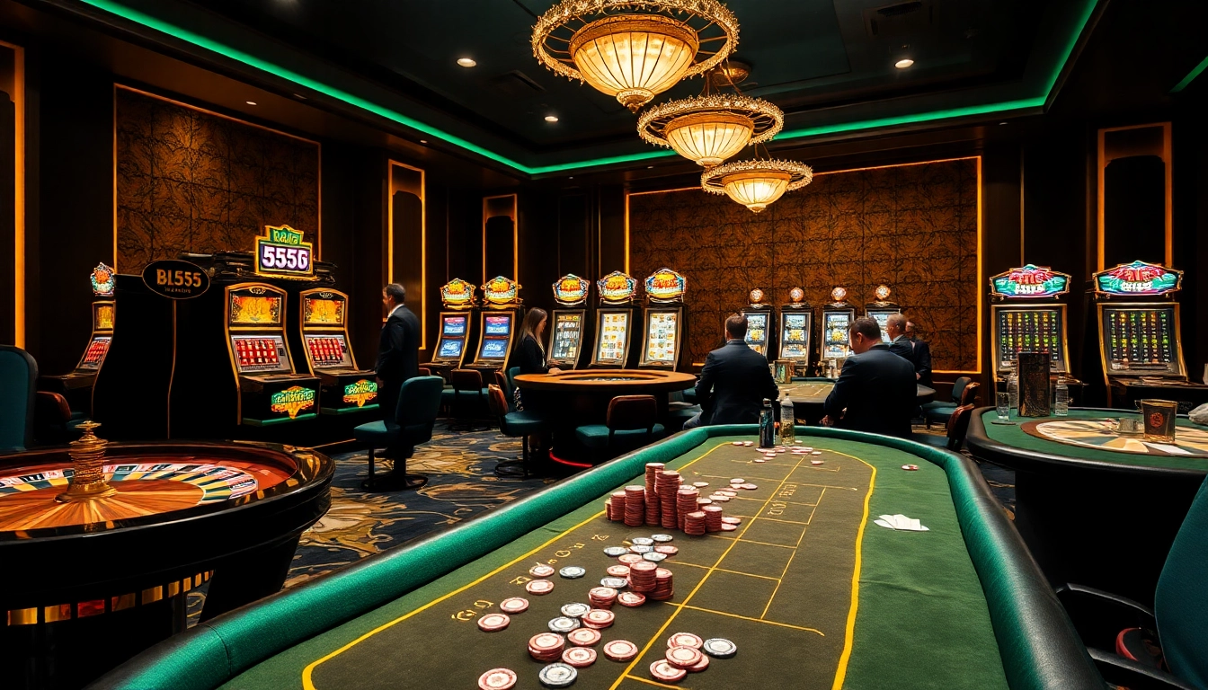 Experience the excitement of BL555 casino gaming with vibrant tables and spinning roulette wheels.