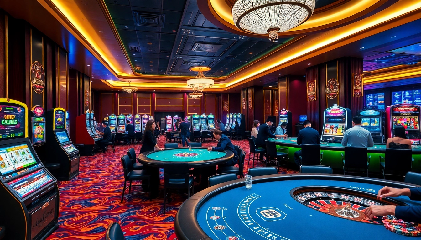 Players engaging in games at trang chủ go99 casino, surrounded by vibrant slot machines and poker tables.
