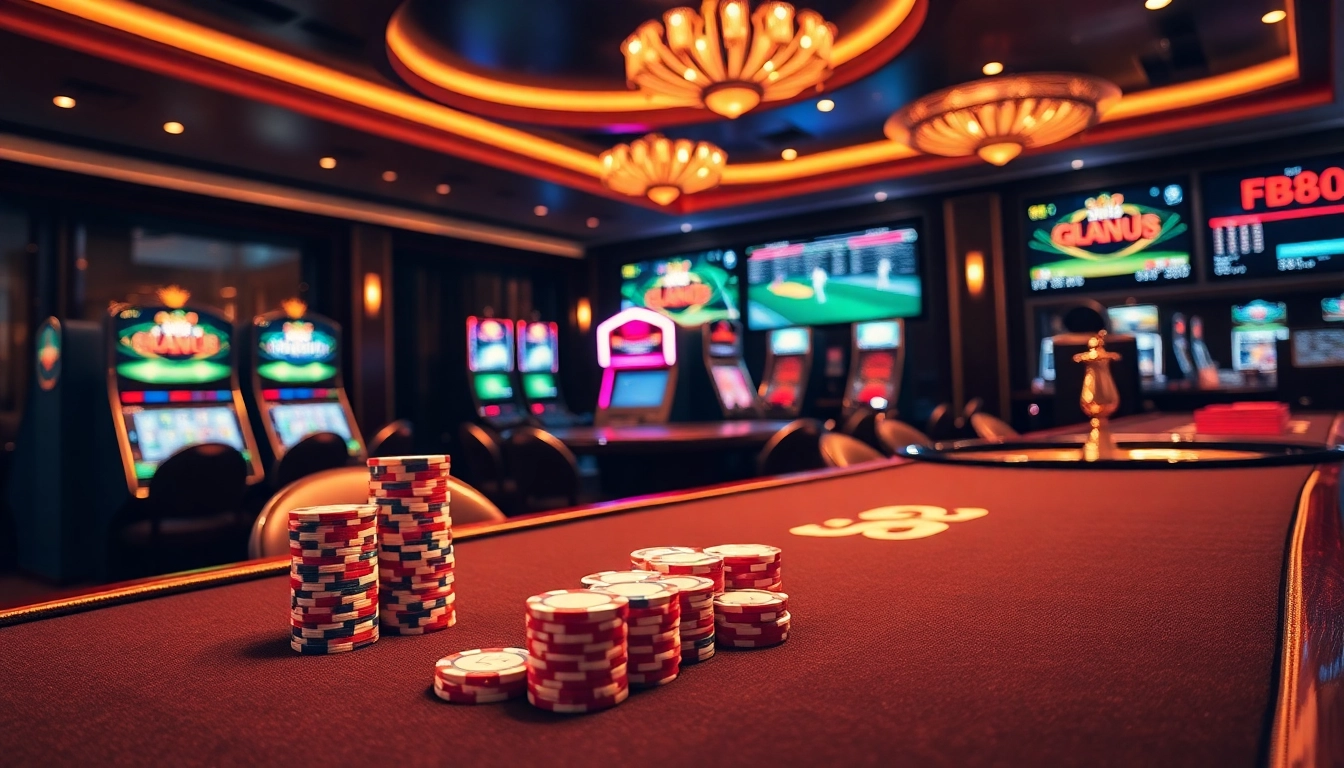 Engage in thrilling poker action at Fb88 casino with vibrant chips and cards.