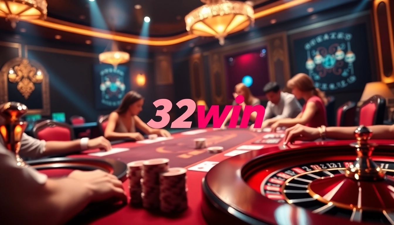Experience the excitement of 32win at a luxury poker table with players and vibrant casino visuals.