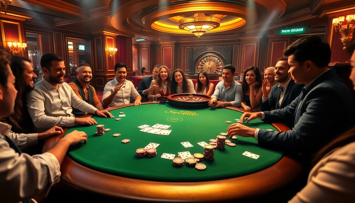 Excited players enjoy a high-stakes poker game at New888, showcasing chips and cards.