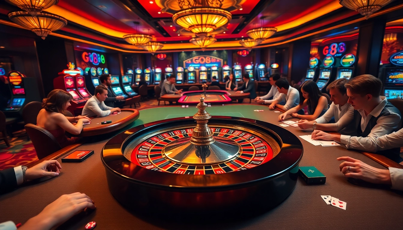 Engaging scene of GO88-themed roulette wheel amidst players at a luxurious casino.
