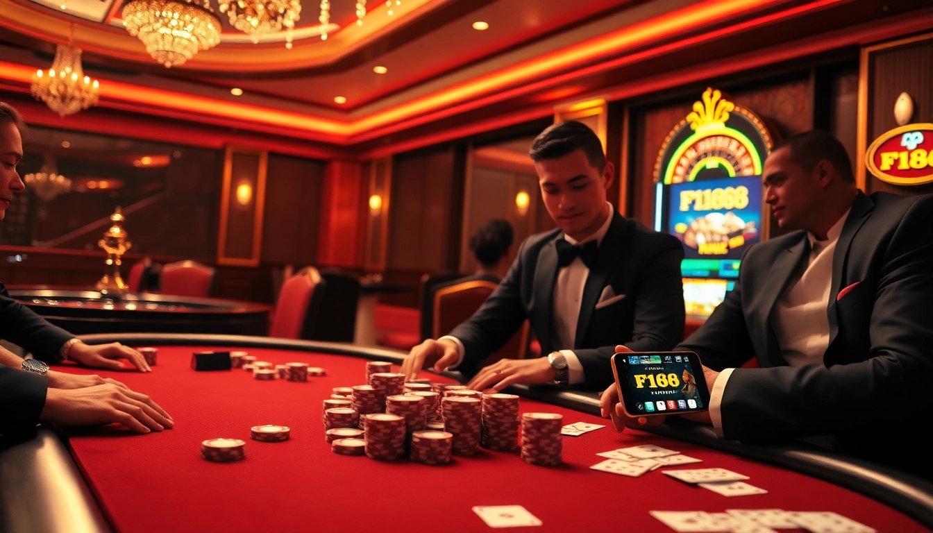 Players engaging at an F168 poker table in a vibrant casino atmosphere, showcasing excitement and professionalism.