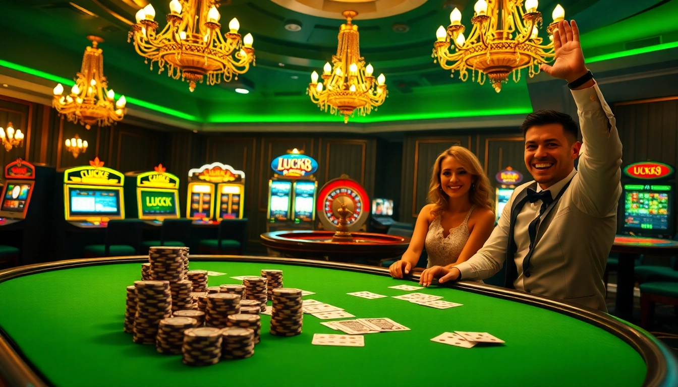 Các đồng chip poker của LUCK8 và LUCKY8 được xếp chồng trên bàn casino sang trọng kèm theo các lá bài thắng.