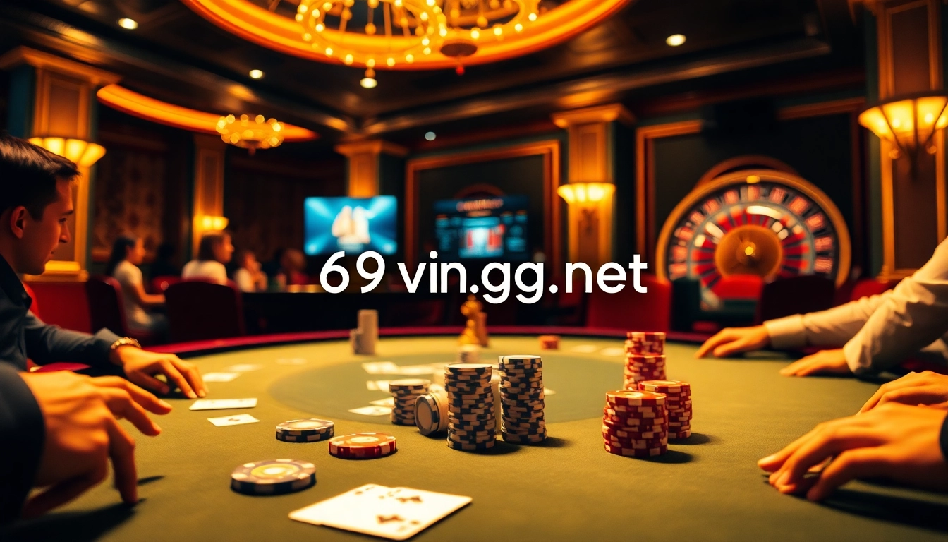 Experience high-stakes excitement at 69vn.gb.net with poker chips, cards, and roulette in a luxurious casino setting.