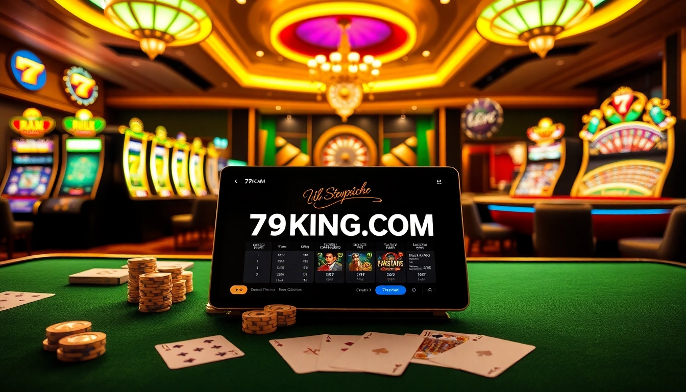 Experience the thrill of 79KING COM with vibrant casino visuals featuring slot machines and poker tables.
