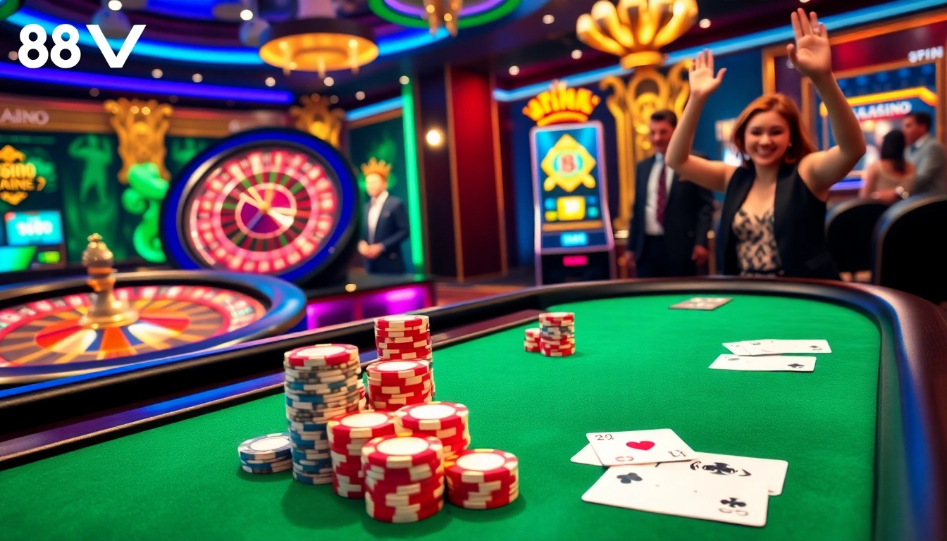 Experience the excitement of gambling at https://88vv.com.de/ with poker chips and a roulette wheel.
