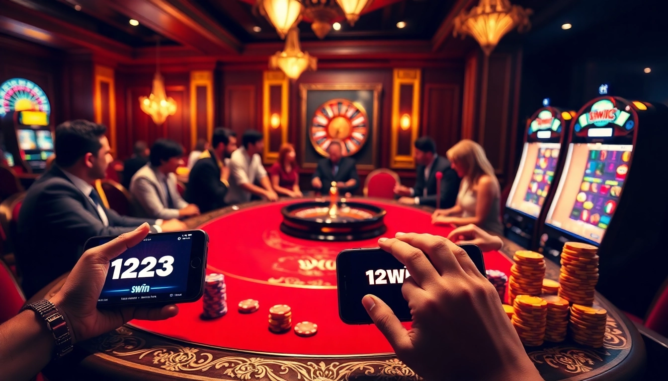 Players enjoying a thrilling poker game at 123win casino with vibrant chips and a roulette wheel.