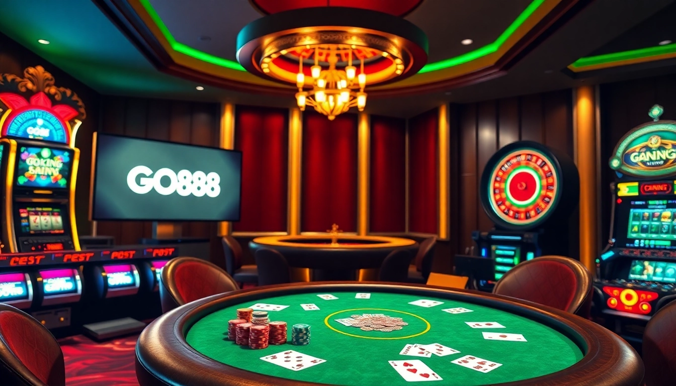 Experience the vibrant GO88 casino with luxurious poker tables and thrilling slot machines.