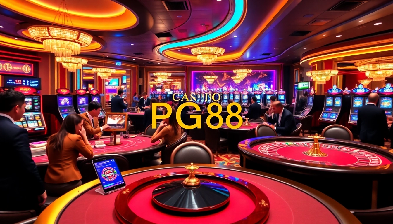 Exciting Casino PG88 gaming atmosphere with Baccarat, Roulette, and slot machines in action.