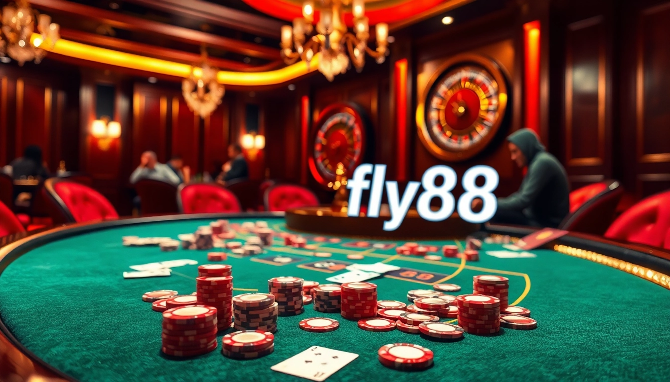 Engage in thrilling poker gameplay at fly88 casino, highlighting luxury and excitement.