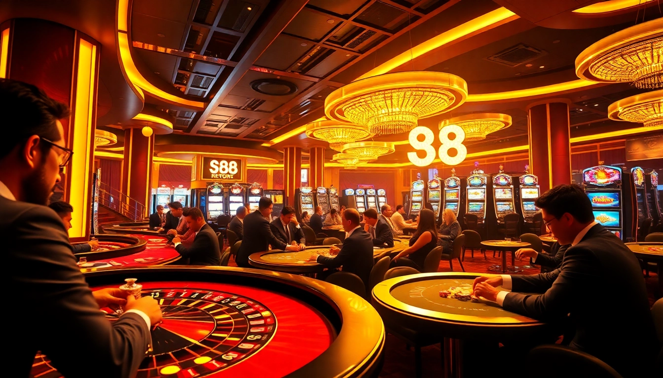 Intense poker gameplay at a casino featuring luxurious decor and s88 elements.