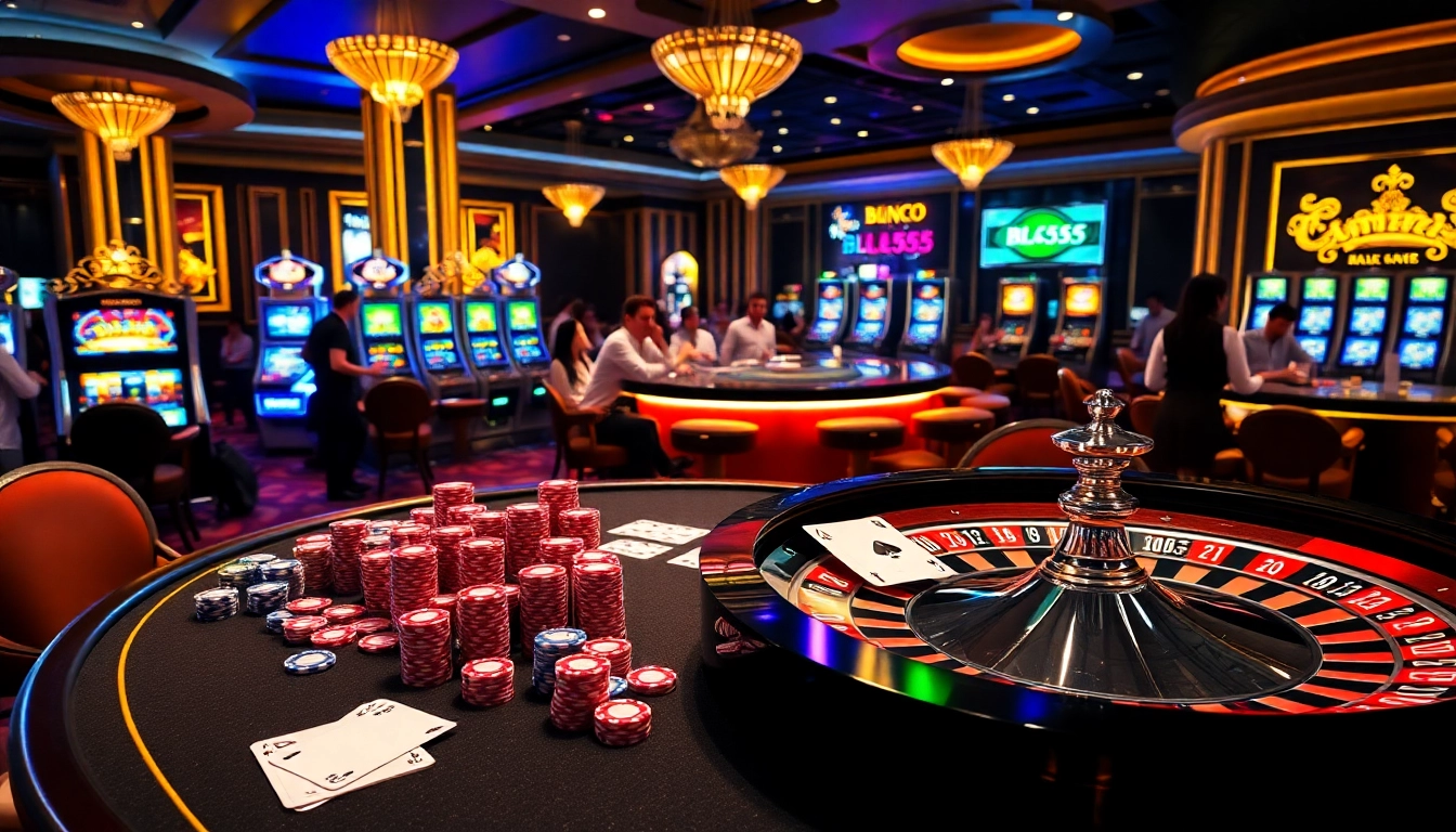 Thrilling casino atmosphere at BL555 featuring poker chips, cards, and roulette wheel