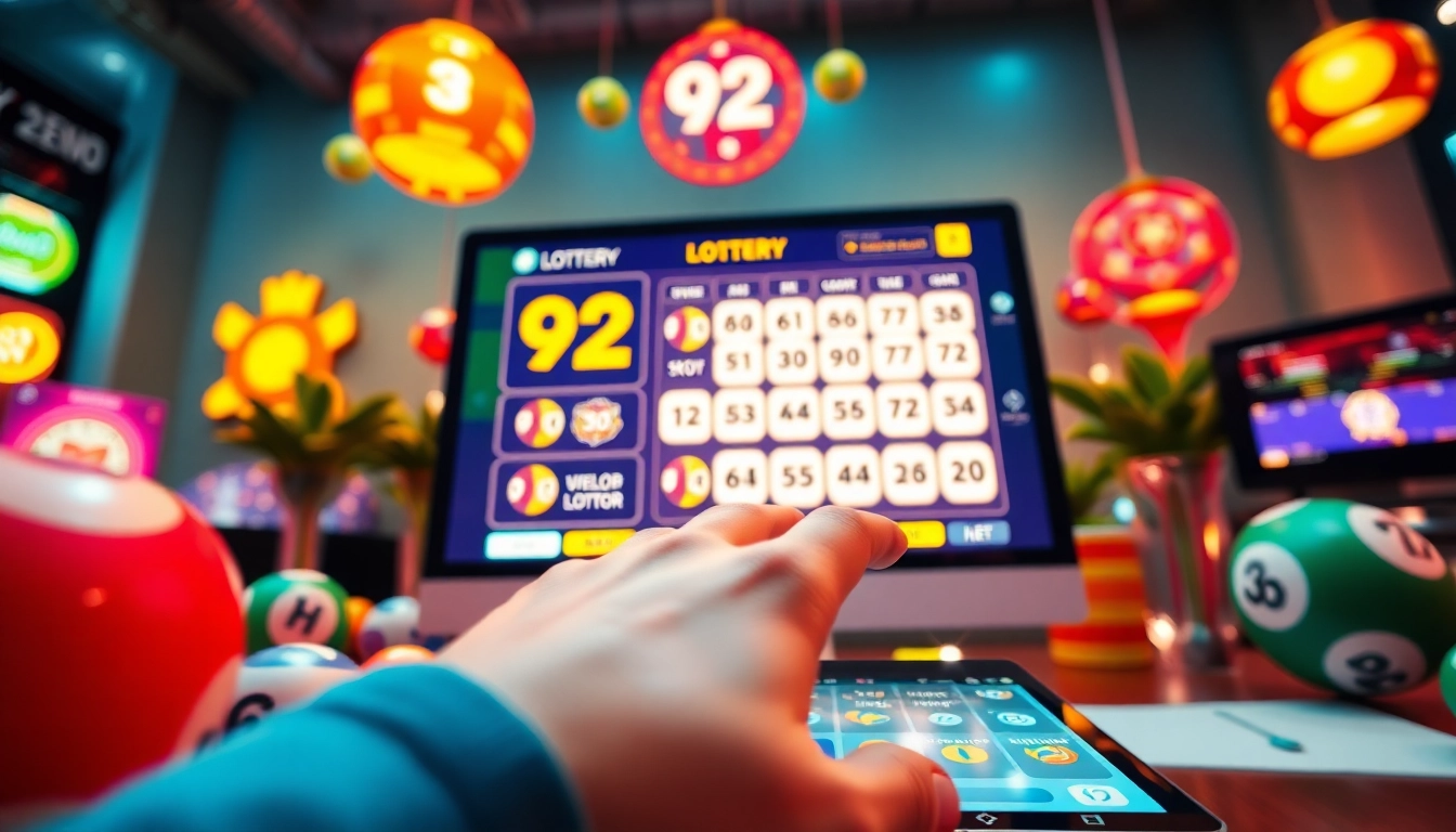 Engaging visual of a digital lottery game setup featuring the 92 lottery, showcasing colorful balls and a touchscreen interface.