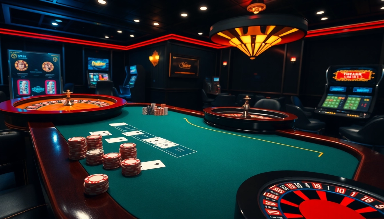 Experience thrilling gameplay at https://gamemanclub.wiki with a luxury casino atmosphere featuring poker chips and slot machines.