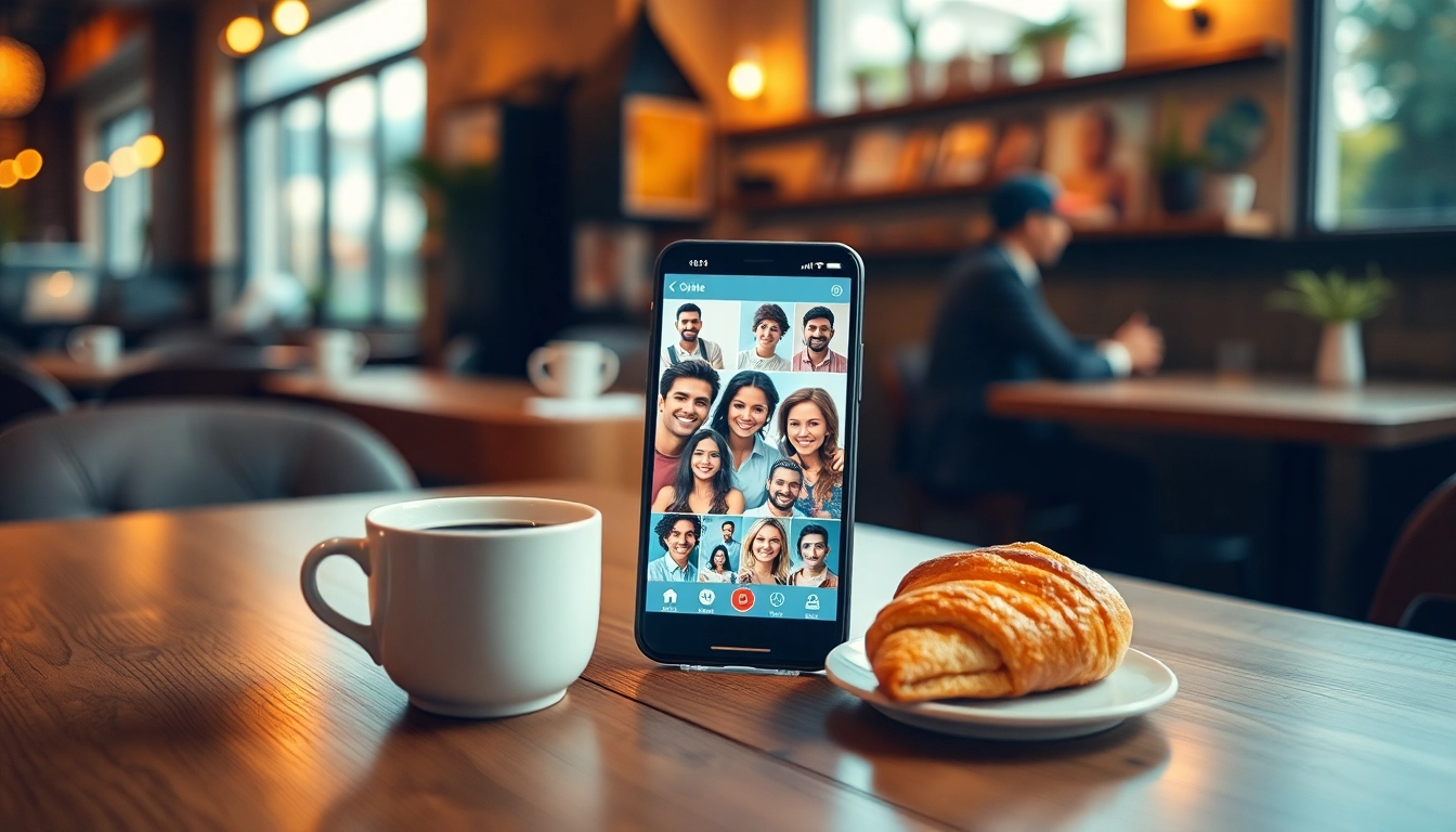 OKFUN.COM dating app interface displayed on a smartphone in a cozy café setting.