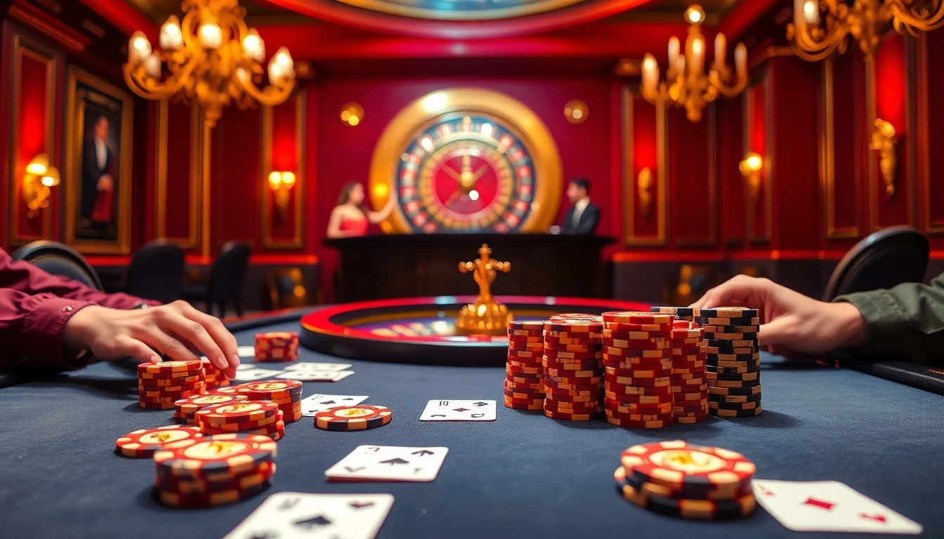 Players strategizing at a luxurious casino poker table featuring PS 99-themed decorations, showcasing the excitement of gambling.