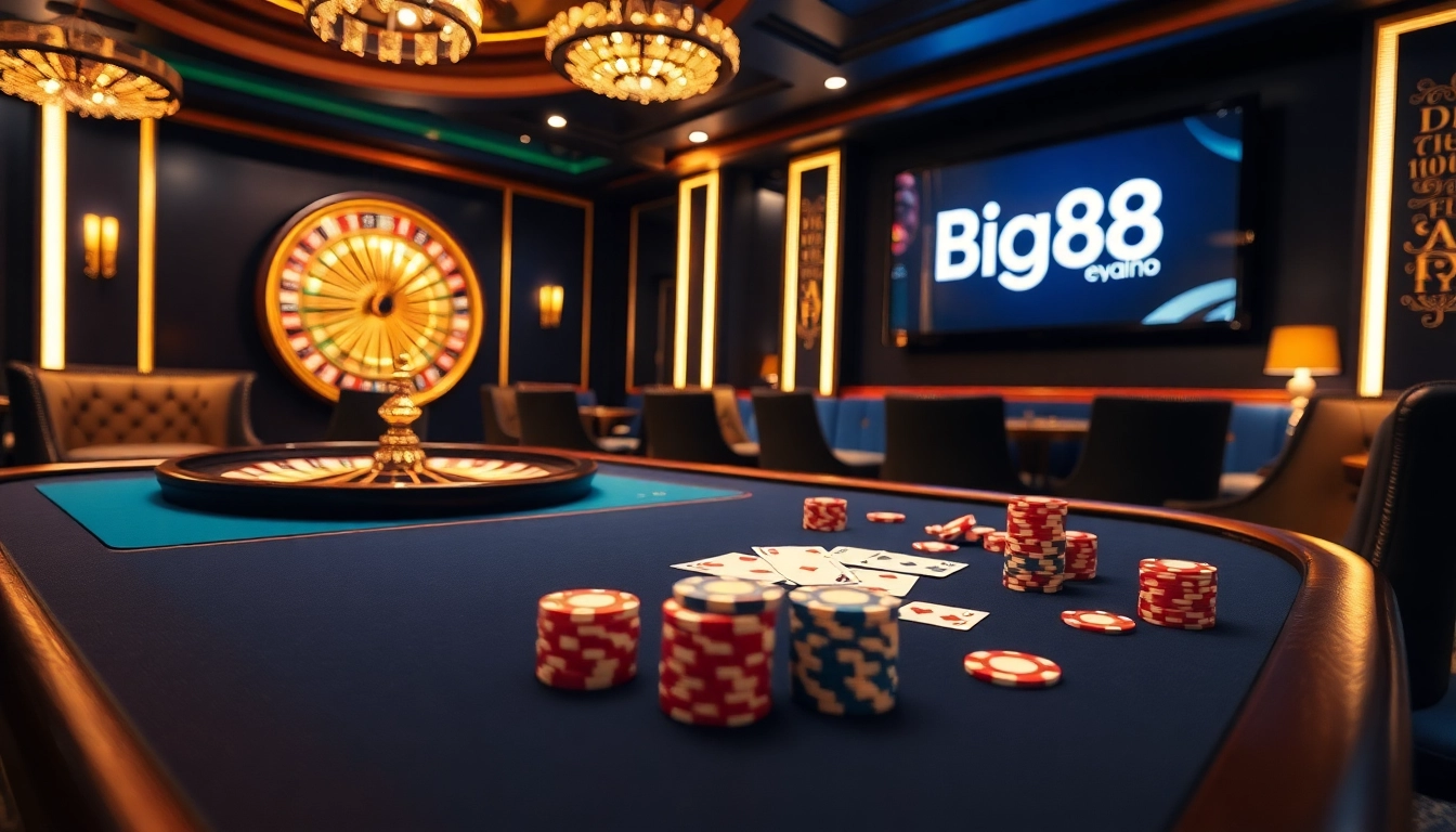 Play poker at Big88.com in a luxurious casino setting filled with vibrant chips and cards.