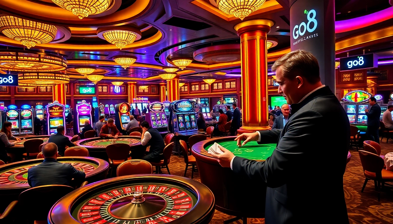 Go8 gaming scene with players enjoying roulette, slots, and poker in a vibrant casino atmosphere.
