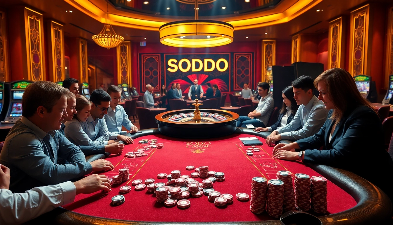 Players enjoying a thrilling poker game at SODO Casino with vibrant atmosphere and elegant decor.