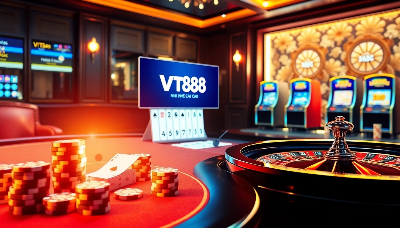 Dynamic gambling scene showcasing Vt88 nhà cái with casino elements and vibrant gaming atmosphere