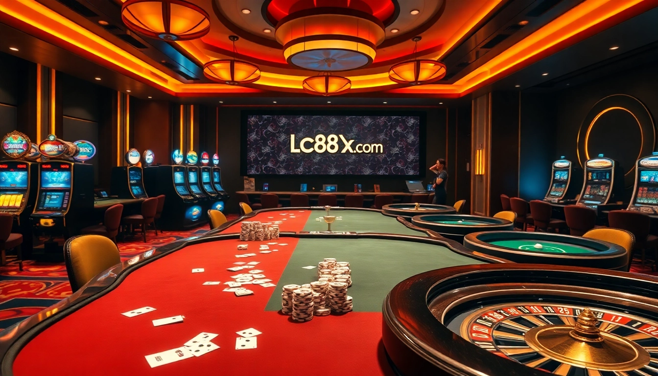 Captivating gaming atmosphere at Lc88x.com featuring poker tables and slot machines.