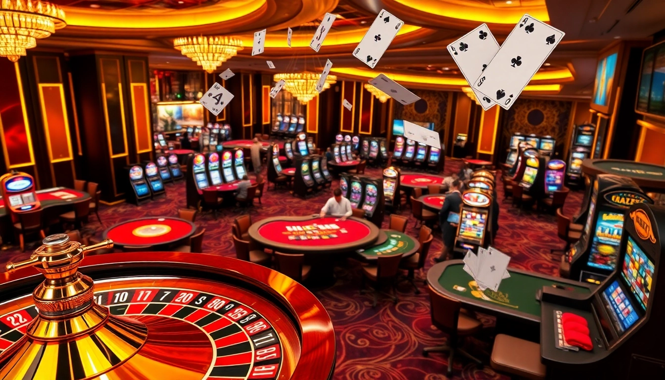 Gamblers enjoying a vibrant casino atmosphere with vaobet poker tables and roulette wheels.