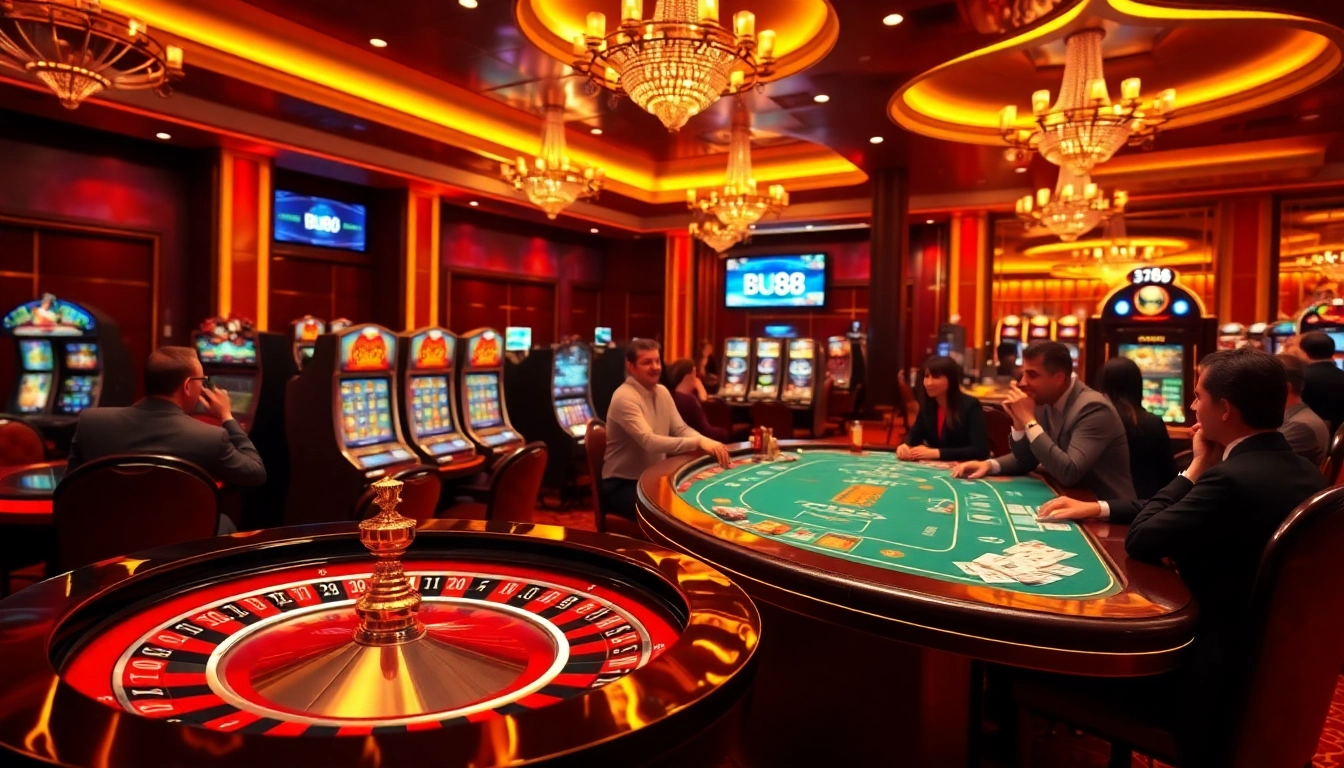 BJ88 players enjoying a thrilling online casino experience with poker chips, roulette wheel, and vibrant slot machines.