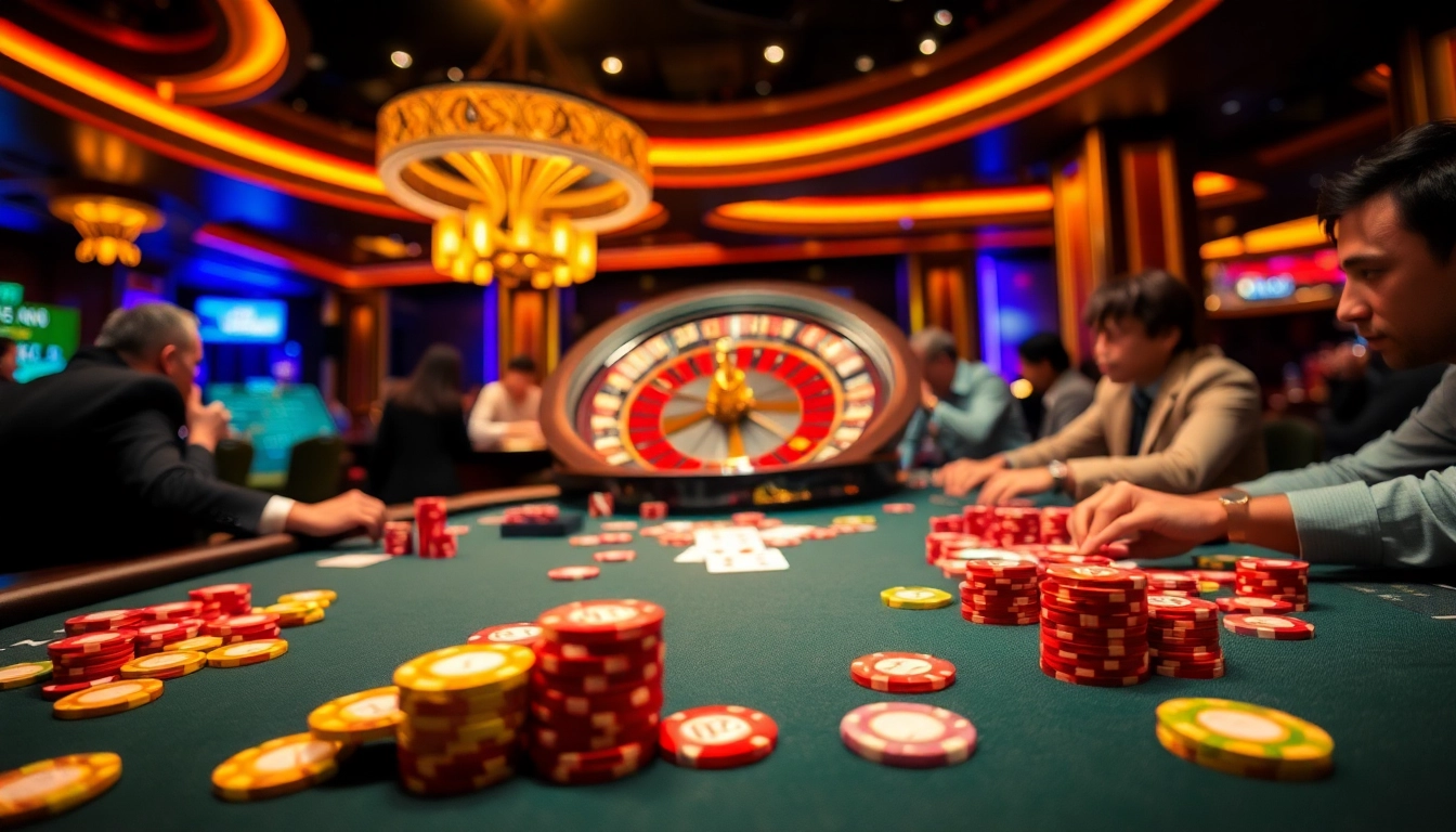 MM99 players strategizing at a casino table with vibrant chips and cards.