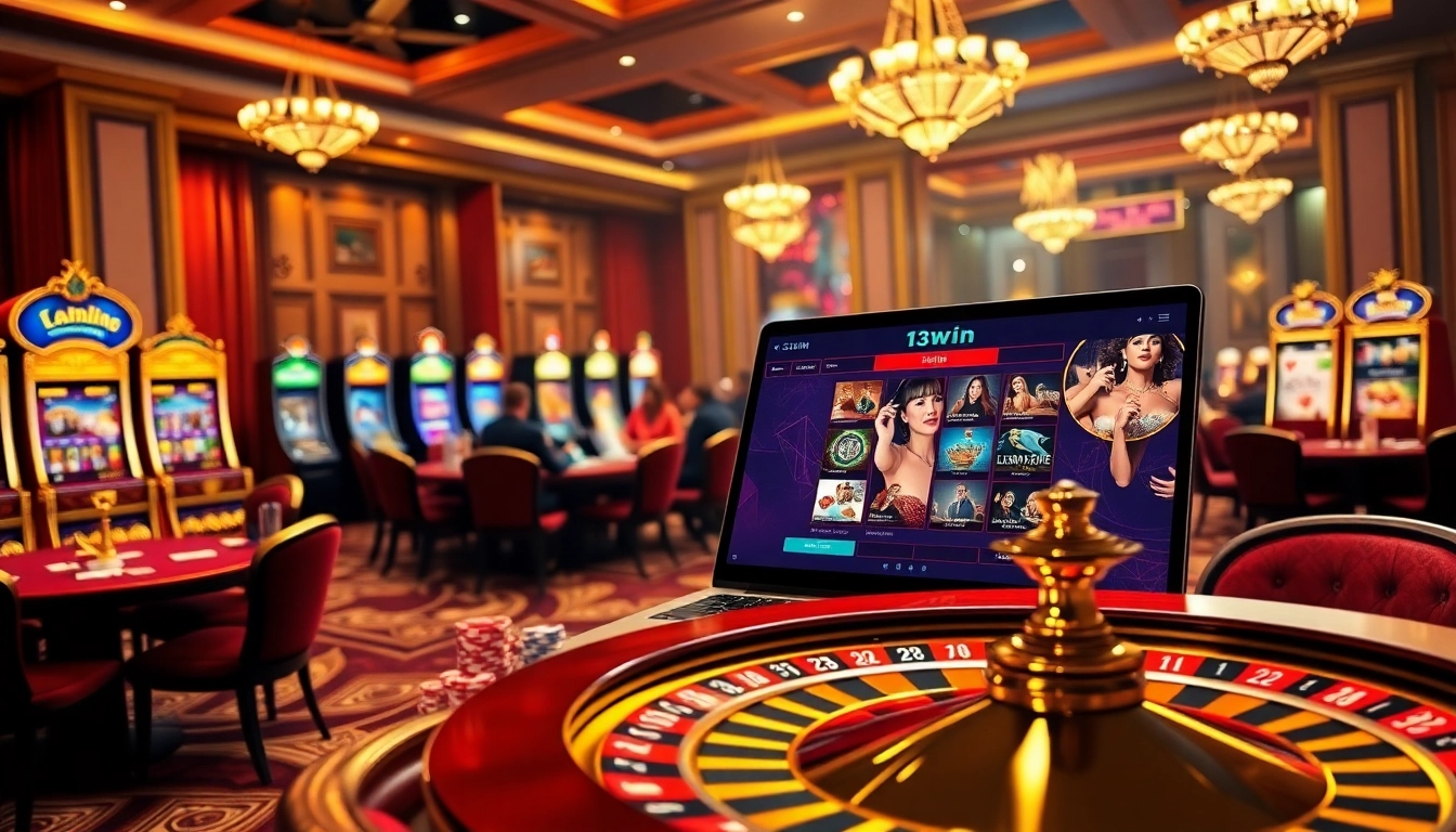 Experience thrilling gaming action at 13win's online casino with poker chips and slot machines.