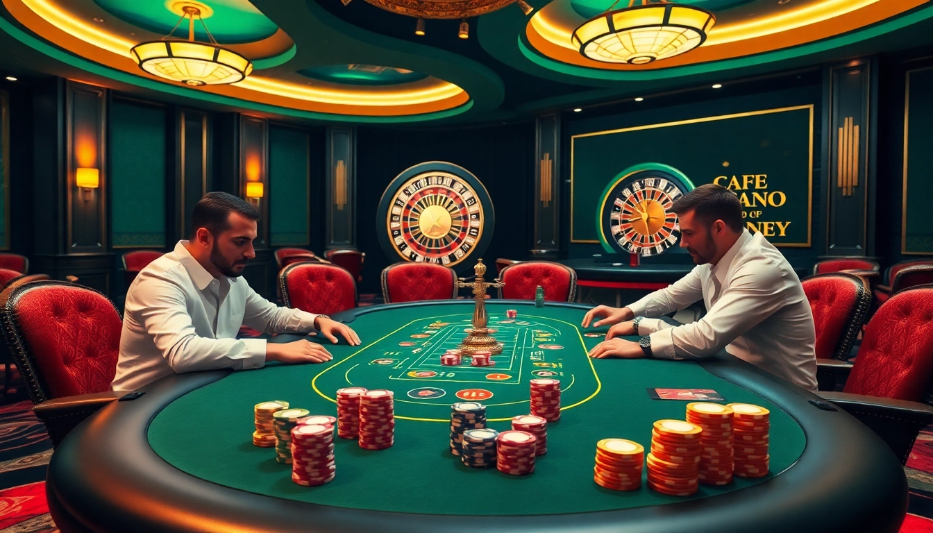 Engage in a thrilling poker game at a luxurious casino table showcasing 5MB stakes and vibrant chips.