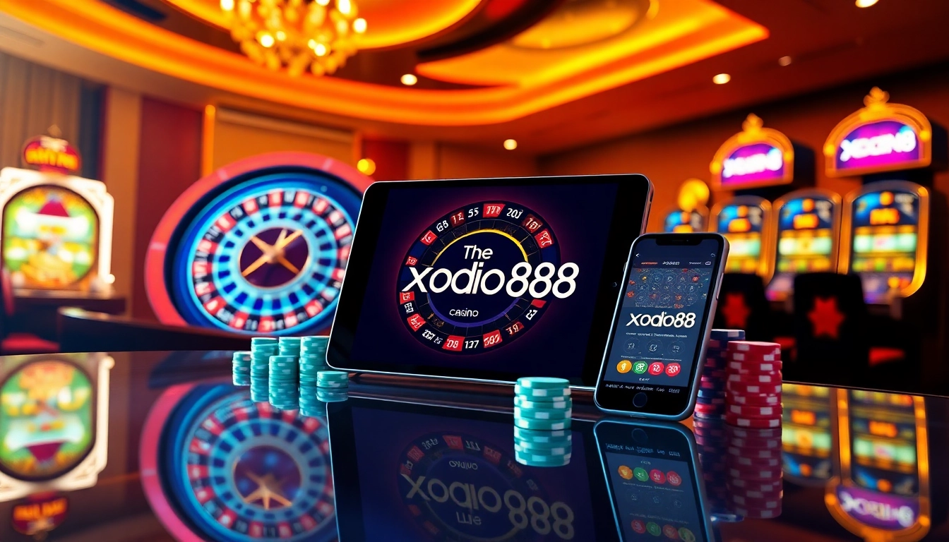 Xocdia88 online casino interface showcasing roulette and poker in a luxurious setting.