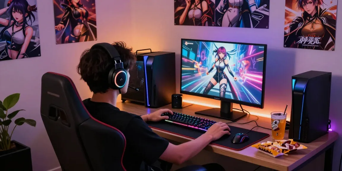 Engaged gamer enjoying a captivating hentai game on a high-resolution monitor with ambient lighting and gaming accessories.