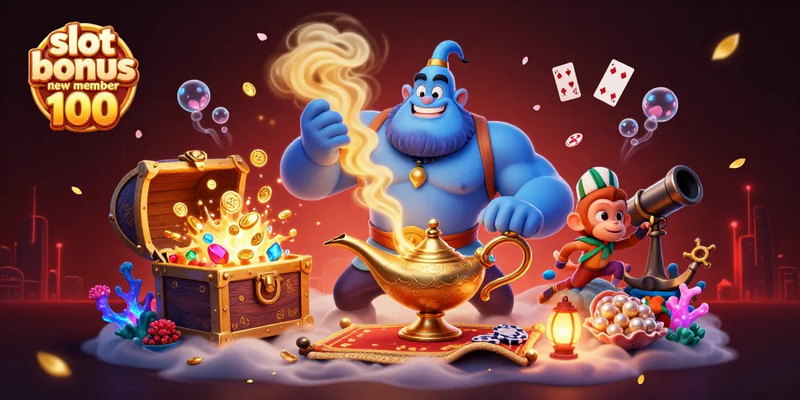 Slot bonus new member 100 menghadirkan ilustrasi kasino menakjubkan dengan lampu genie dan karakter lainnya.
