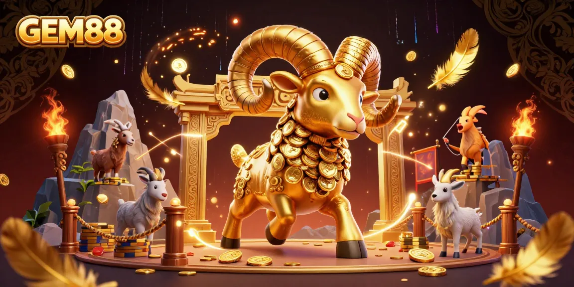 GEM88 showcases an epic scene of a golden ram charging at a vibrant casino arena filled with action.