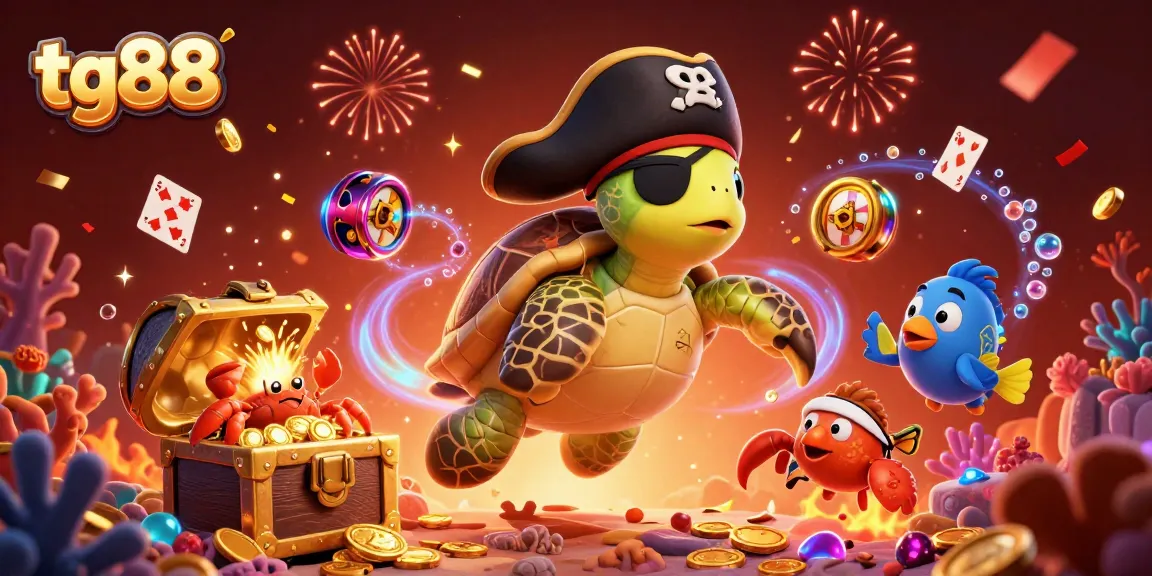 Experience thrilling gambling with tg88 as pirate turtle, crab, and parrotfish celebrate over treasure.