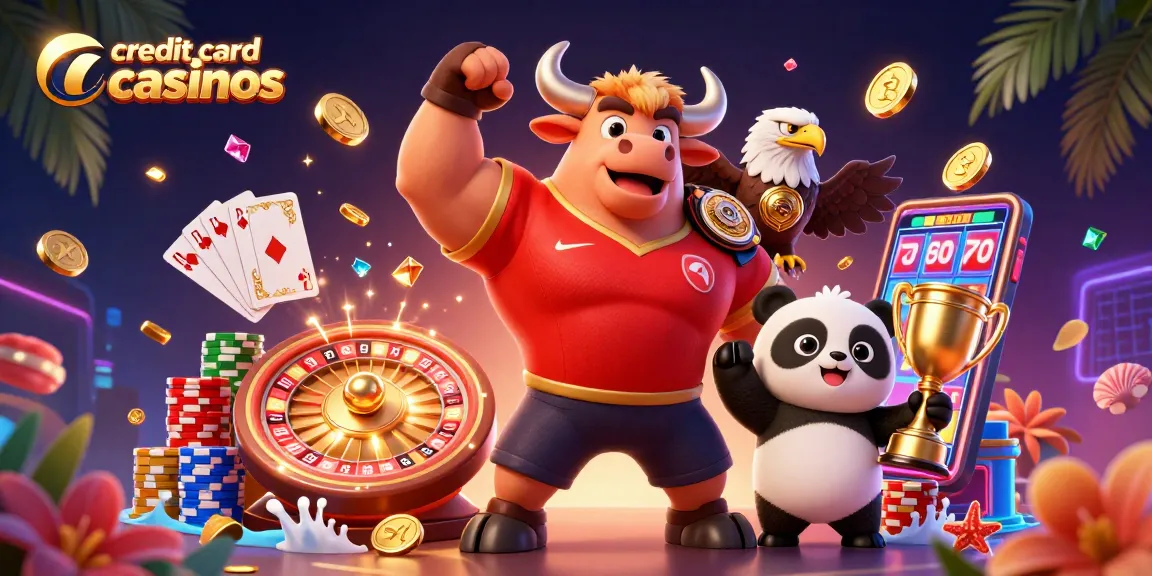 Experience the excitement of credit card casinos with vibrant, dynamic casino elements and characters.