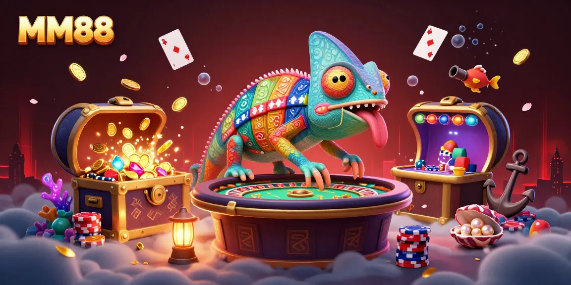 Experience the excitement at MM88 with colorful casino elements and characters for an engaging gambling adventure.